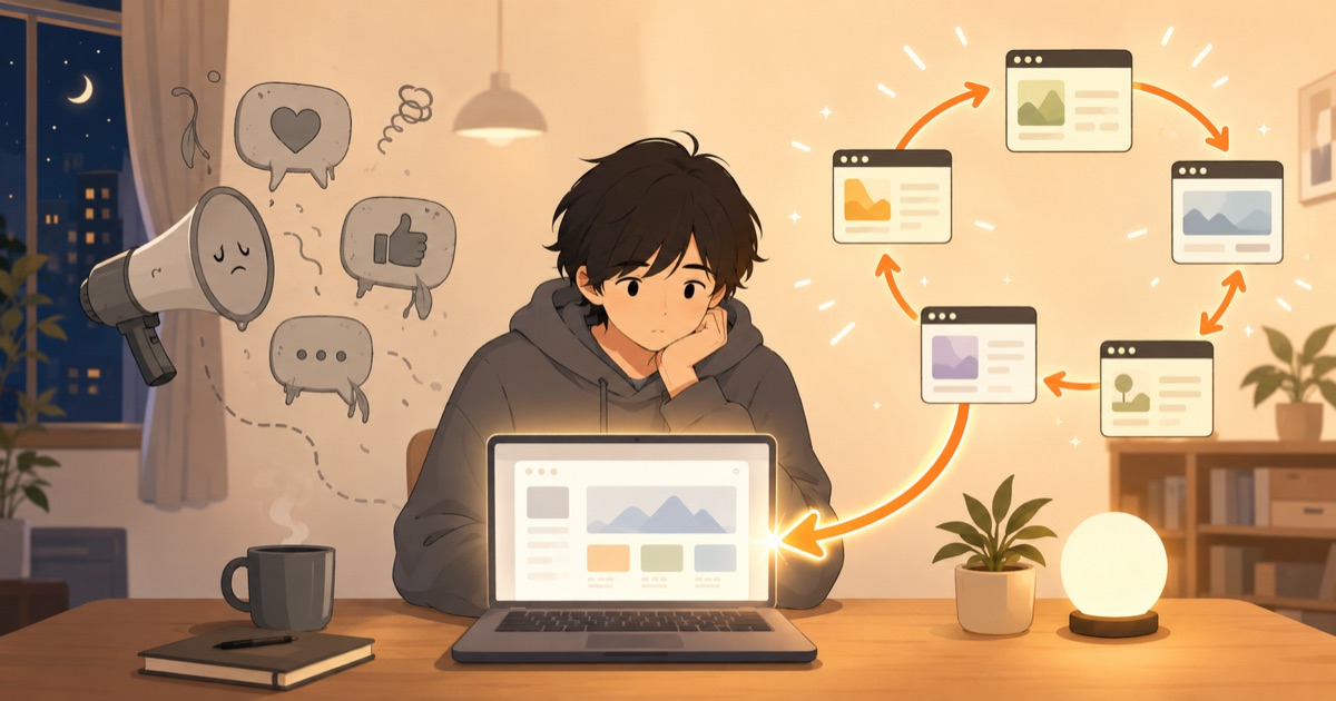 夜、ノートPCに向かう個人開発者。片側にはしぼんだ宣伝の吹き出し、もう片側にはサイト同士が矢印でつながり合う輪