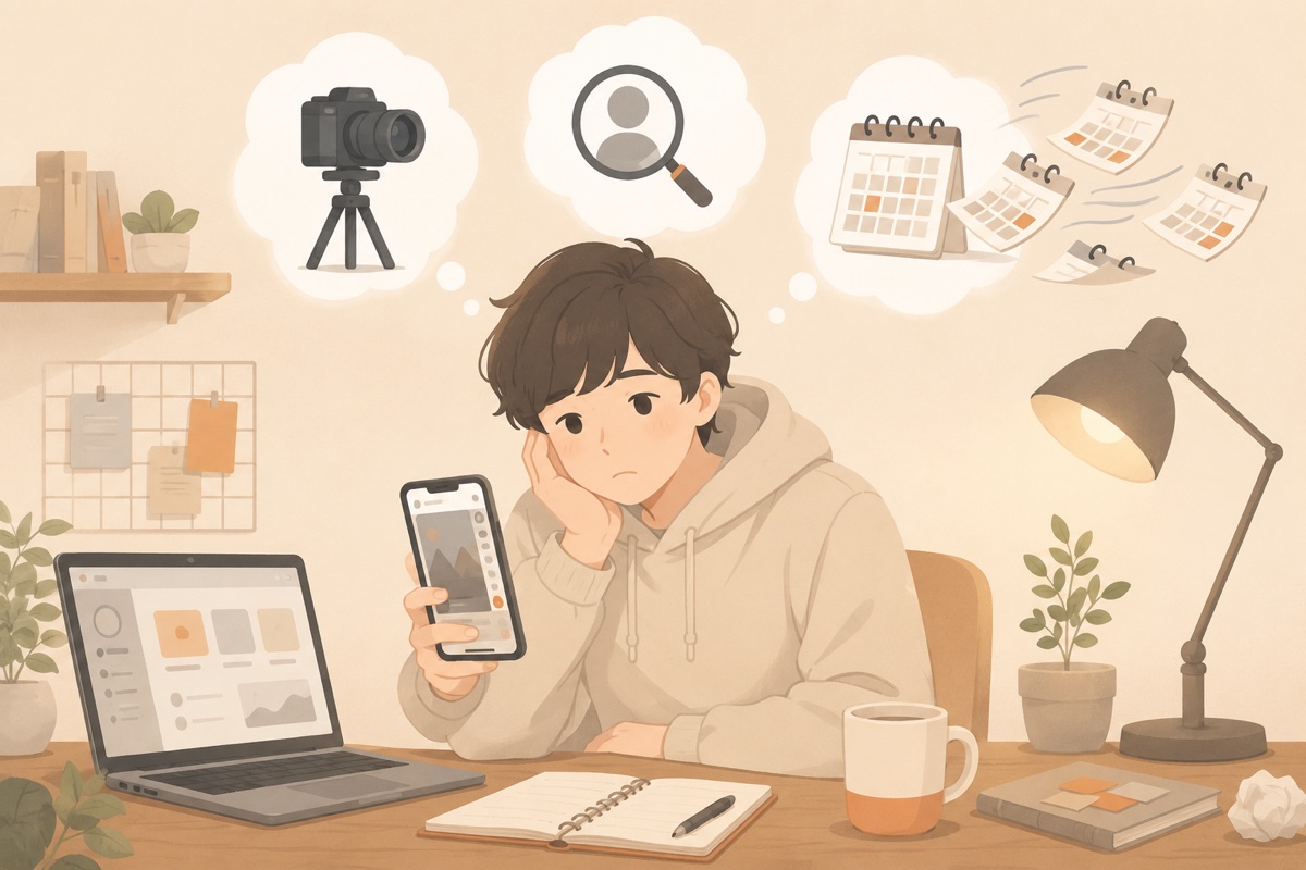 スマホを見つめながら悩む個人開発者。頭上にはカメラ・人探し・めくれるカレンダーの吹き出し