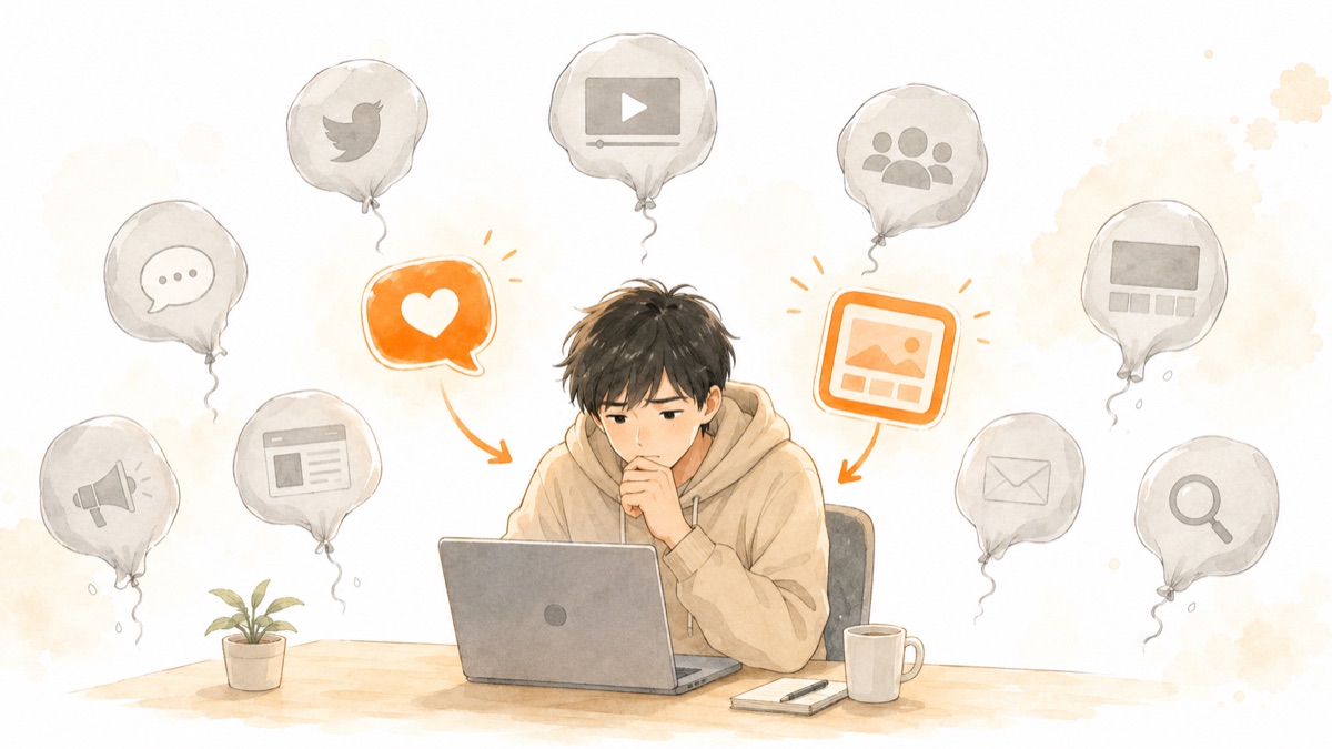 ノートPCに向かう個人開発者。周囲に浮かぶ9つの宣伝先のうち7つは色が抜けてしぼみ、2つだけがオレンジに光っている