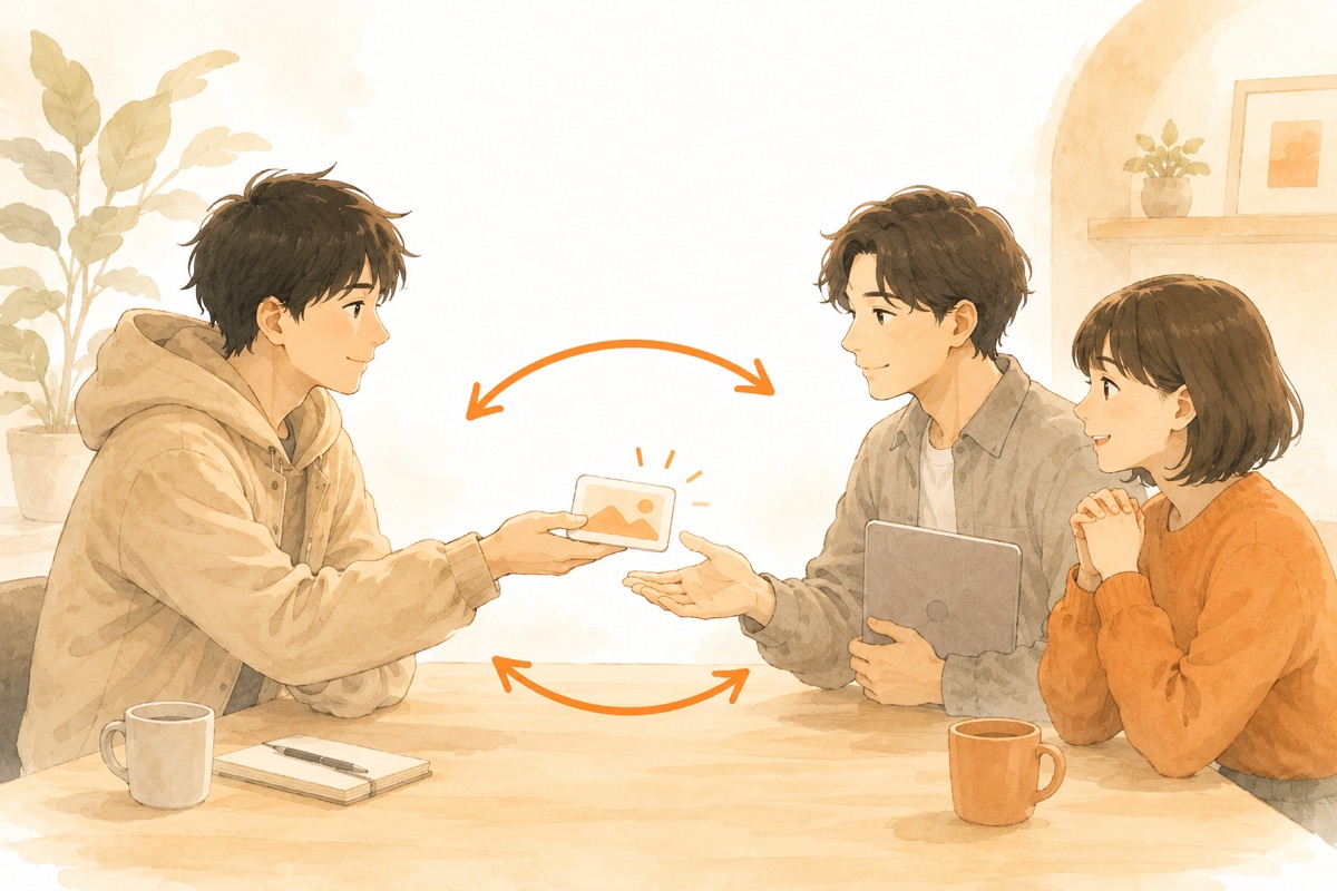 テーブル越しに1対1で向き合い、手渡しでやり取りする様子。矢印が双方向に行き交っている